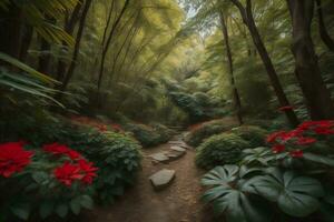 ai gerado panorama do tropical floresta com vermelho flores e caminho dentro a manhã. generativo ai foto