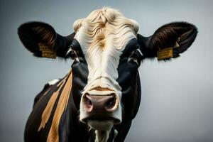 ai gerado fechar acima retrato do uma Preto e branco vaca com uma borrado fundo. ai gerado foto