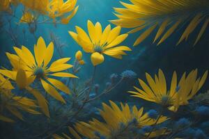 ai gerado lindo amarelo flores em uma Sombrio azul fundo, tonificado image.generative ai foto