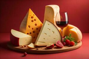 ai gerado queijo coleção. vários tipos do queijo e vinho em vermelho fundo. generativo ai foto
