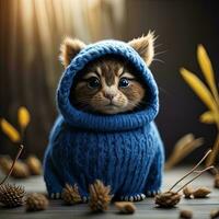 ai gerado fofa pequeno gatinho dentro uma azul tricotado chapéu e lenço. generativo ai foto