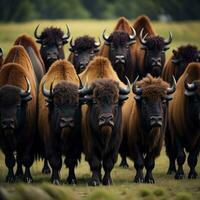 ai gerado grupo do europeu búfalo, búfalo bonasus dentro a Prado. generativo ai foto