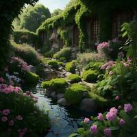 ai gerado lindo jardim dentro a japonês estilo com uma lagoa e flores generativo ai foto