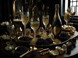 ai gerado luxo mesa com champanhe e Preto uvas dentro uma luxo restaurante. generativo ai foto