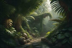 ai gerado uma caminho dentro tropical floresta tropical com Palma árvores e caminho dentro a névoa. ai generativo foto