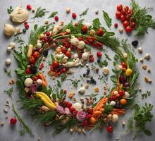 ai gerado saudável Comida fundo. vegetais, ervas e especiarias. topo Visão foto