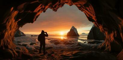 ai gerado fotógrafo levando foto do Sol configuração atrás alguns gelo caverna
