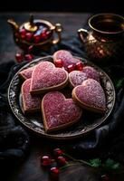 ai gerado em forma de coração Pão de gengibre biscoitos com geléia em uma prato foto