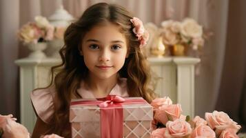 ai gerado pequeno menina segurando uma presente caixa com Rosa rosas foto