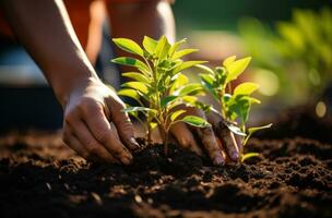 ai gerado mãos do uma pessoa plantio uma plantar foto