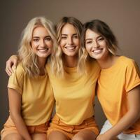 ai gerado jovem mulheres olhando às a Câmera sorridente foto