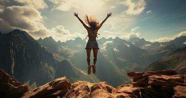 ai gerado jovem mulher pulando para alegria em a montanhas foto