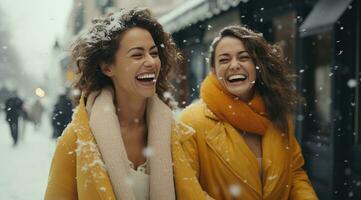 ai gerado dois mulheres estão dentro a meio do a chuva e neve segurando compras bolsas foto