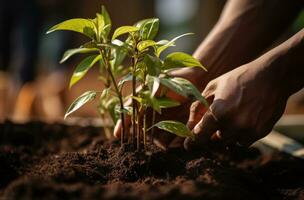 ai gerado mãos do uma pessoa plantio uma plantar foto