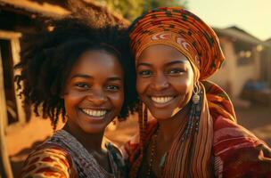 ai gerado dois africano mulheres em pé dentro frente do a Câmera levando uma selfie foto