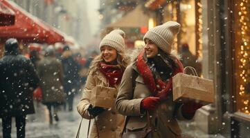 ai gerado dois mulheres estão dentro a meio do a chuva e neve segurando compras bolsas foto