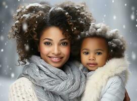 ai gerado a africano americano mulher segurando acima dela bebê filha foto