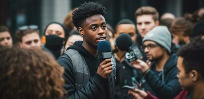 ai gerado uma jovem Preto homem com microfones falando para uma multidão foto