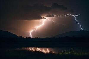 ai gerado relâmpago sobre uma lago e montanhas dentro a fundo foto