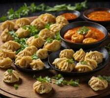 ai gerado georgiano dumplings khinkali com carne e tomate molho foto