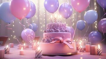 ai gerado uma aniversário bolo é exibido com aceso velas em topo foto