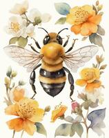 ai gerado abelha em uma flor em uma branco fundo aguarela foto