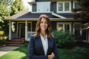 ai gerado mulher dentro o negócio terno em pé dentro frente do casa depois de assinatura uma contrato foto