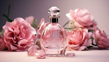 ai gerado perfume garrafa com Rosa rosas em a terra foto