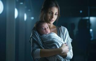 ai gerado 1 jovem mulher segurando a bebê dentro seus braços foto