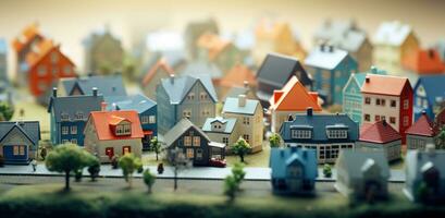 ai gerado miniatura casas dentro uma pequeno Cidade foto