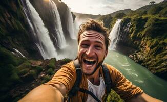 ai gerado homem leva selfie dentro frente do cascata foto