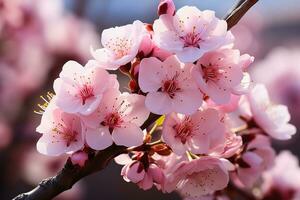 ai gerado fechar acima do cedo Primavera flores tal Como cereja ou amêndoa flores com uma suave foco fundo insinuando às a fim do inverno foto