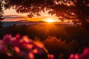 ai gerado a Sol é configuração sobre uma montanha alcance com Rosa flores foto