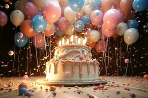 ai gerado aniversário bolo com velas, balões e confete em de madeira mesa, uma 3d render vitrines uma aniversário bolo com velas, balões, e confete, ai gerado foto