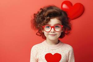 ai gerado lindo pequeno menina com vermelho coração em uma vermelho fundo. dia dos namorados dia, lindo criança vestindo à moda grande vermelho óculos em namorados dia, ai gerado foto