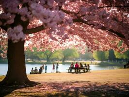 ai gerado sereno cereja Flor parque com visitantes piqueniques abaixo florescente árvores espaço para texto acessível foto