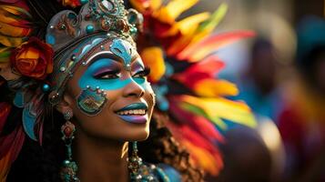 ai gerado uma festivo carnaval procissão com dançarinos dentro ornamentado vestuário e máscaras, Incluindo espaço para cópia de foto