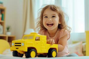 ai gerado fofa feliz menina jogando com brinquedos em brinquedo caminhão foto