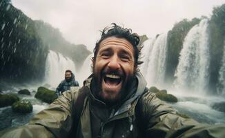 ai gerado uma homem em pé dentro frente do uma cascata de ele mesmo foto