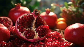 ai gerado uma fechar acima do romãs com frutas dentro eles foto