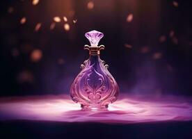 ai gerado uma Sombrio imagem do uma perfume garrafa com roxa brilhando luz foto