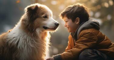 ai gerado uma Garoto e dele cachorro sorridente às cada de outros foto