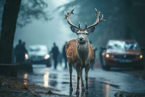 ai gerado veado cruzando carro estrada perto floresta foto