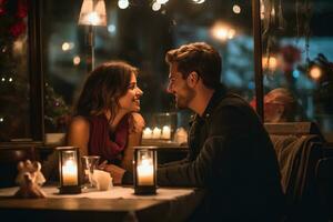 ai gerado feliz jovem casal dentro vela noite jantar tendo romântico jantar às lar, mulher fazer presente surpresa em vela luz encontro ai gerado foto