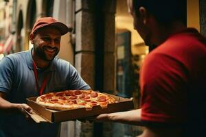 ai gerado jovem homem dando pizza caixas para homem ao ar livre. Comida Entrega serviço, pizza para jovem homem às casa ai gerado foto