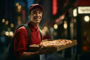 ai gerado pizza Entrega homem pronto para pizza caixas para cliente. Comida Entrega serviço, pizza para jovem homem às casa ai gerado foto