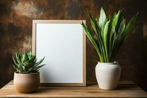 ai gerado branco quadro, Armação brincar com verde plantar dentro cerâmico vaso decoração foto