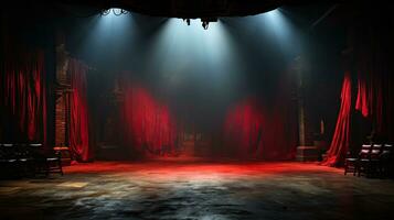 ai gerado dramático teatro etapa com vermelho cortinas debaixo Holofote foto