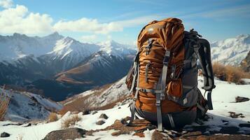ai gerado turista mochila equipamento para escalada turismo e caminhada em a topo do uma coberto de neve montanha foto