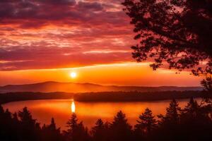 ai gerado pôr do sol sobre a lago foto